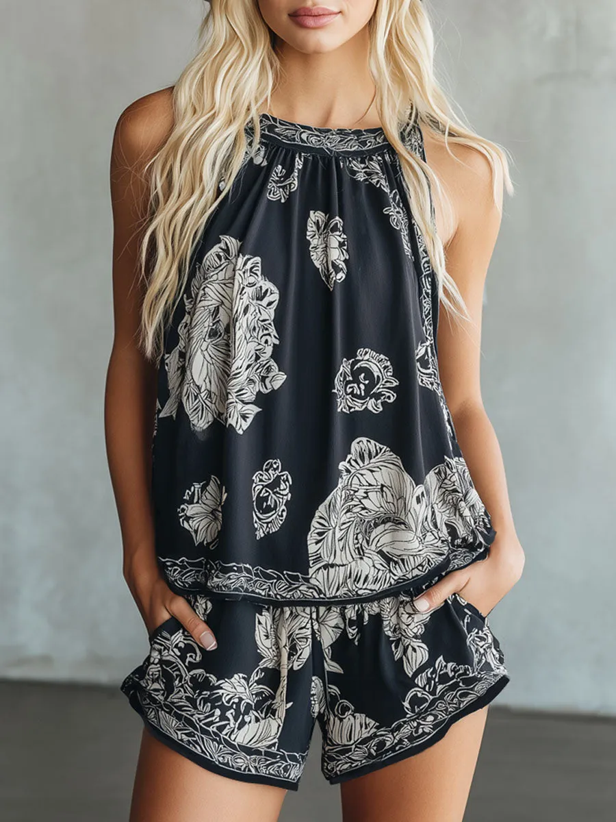 Retro Floral Print Chiffon Sleeveless Top And Shorts Set sold by Oyrosy