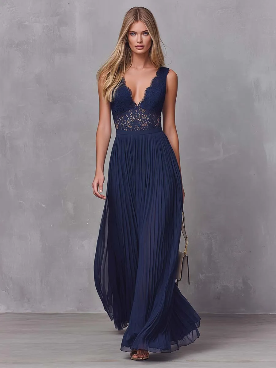Elegant Retro Flowing: V-Neck Lace Paneling And Pleated Chiffon Maxi Dress sold by Oyrosy product image thumbnail 2