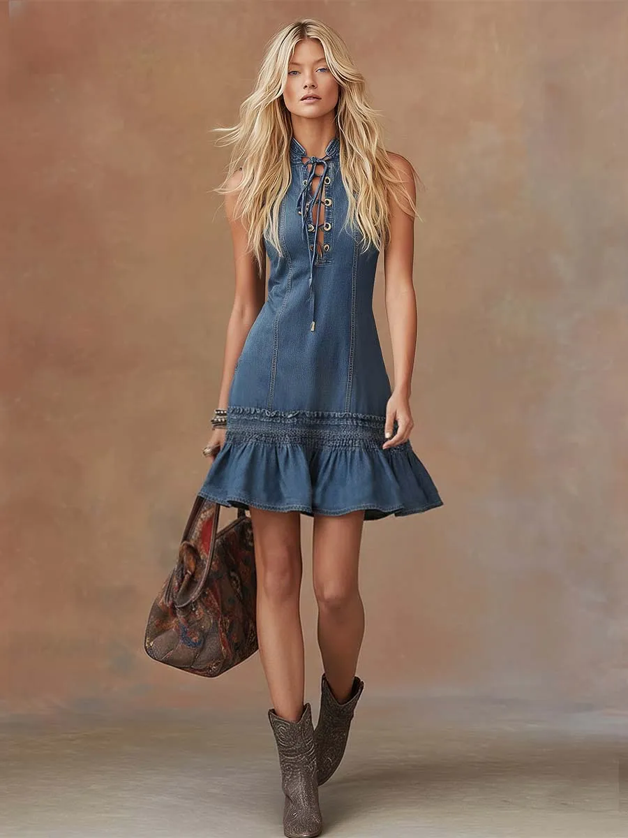 Retro Quiet Luxury Style Tie-Neck Ruffled Hem Blue Denim Mini Dress sold by Oyrosy product image thumbnail 2