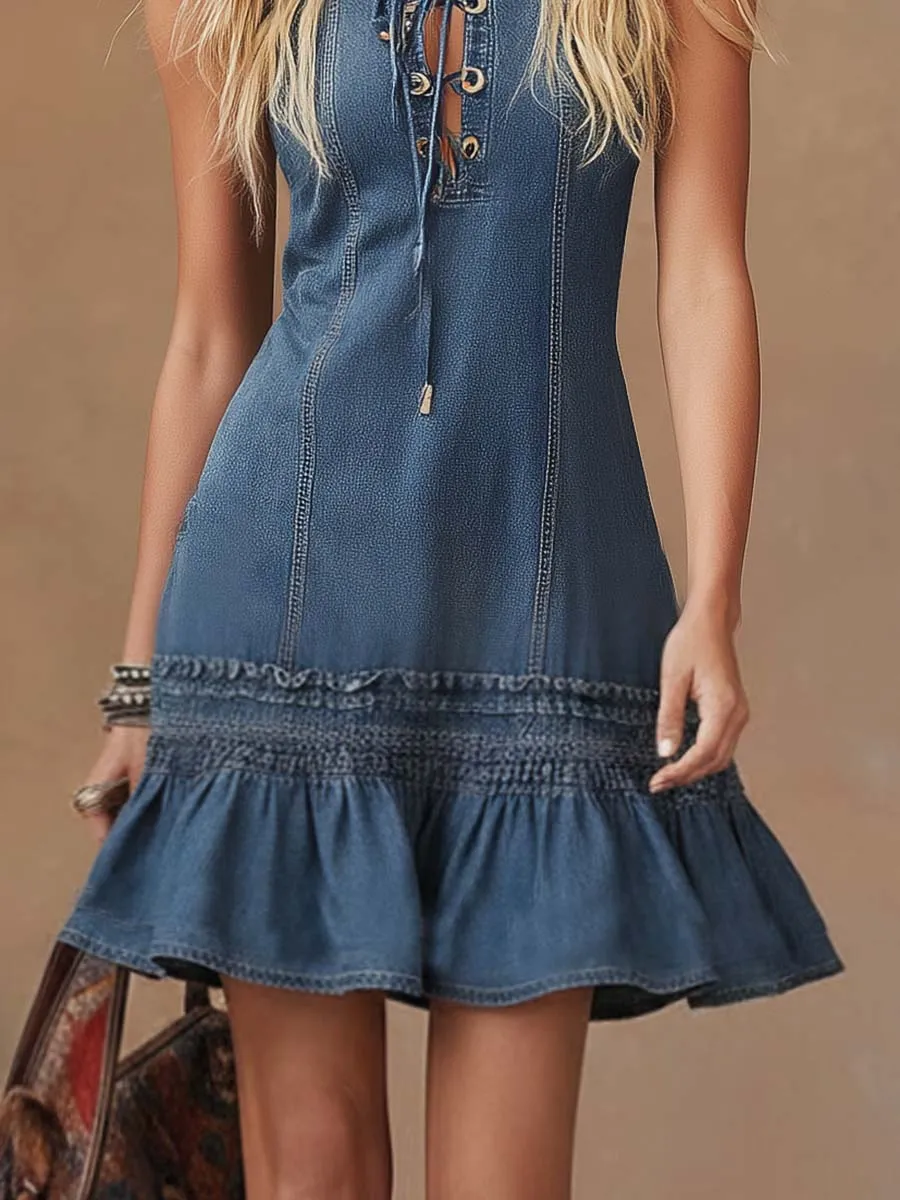 Retro Quiet Luxury Style Tie-Neck Ruffled Hem Blue Denim Mini Dress sold by Oyrosy product image thumbnail 4