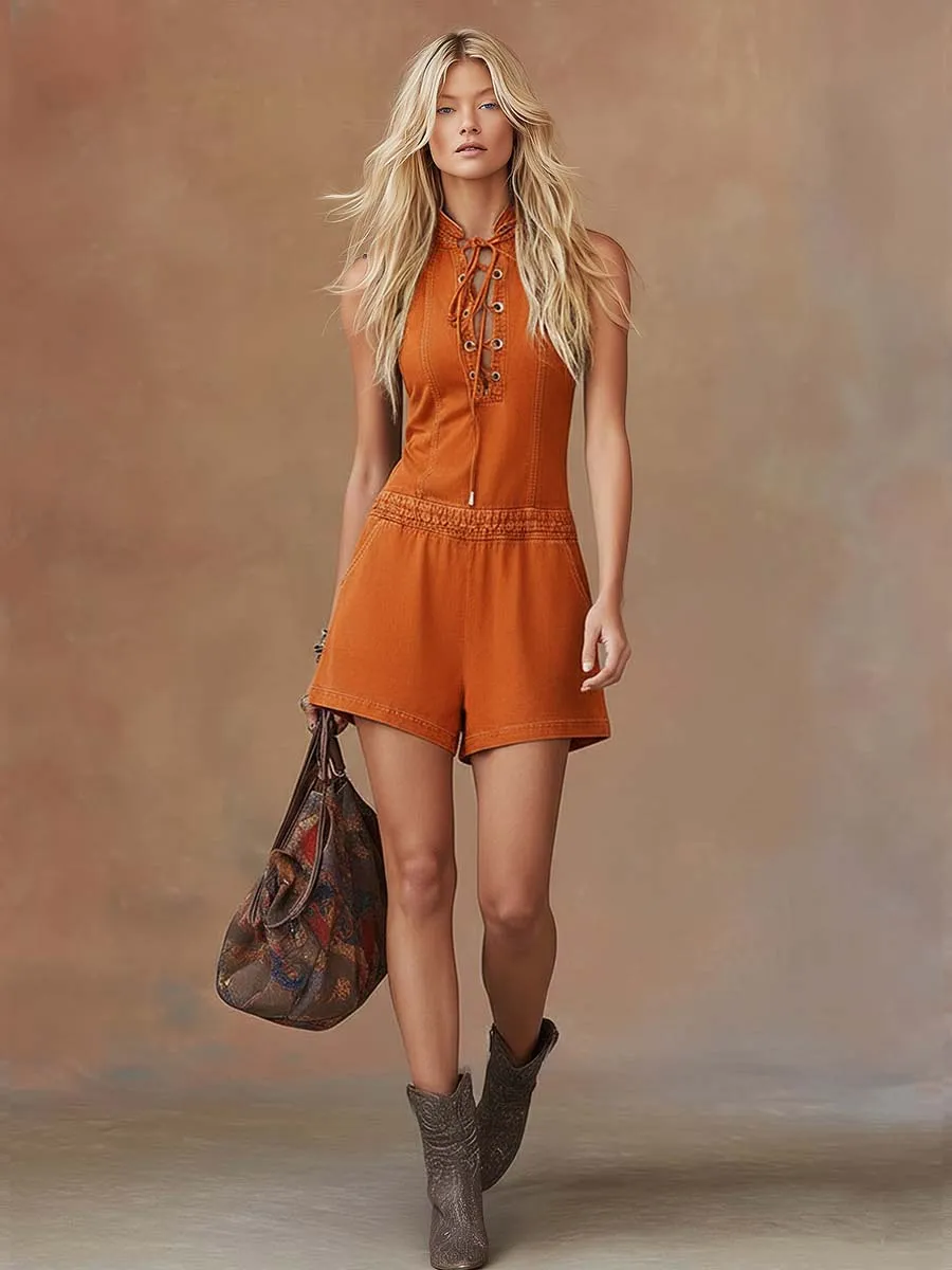 Retro-Casual Tie-Neck Sleeveless Orange Denim Romper sold by Oyrosy product image thumbnail 2