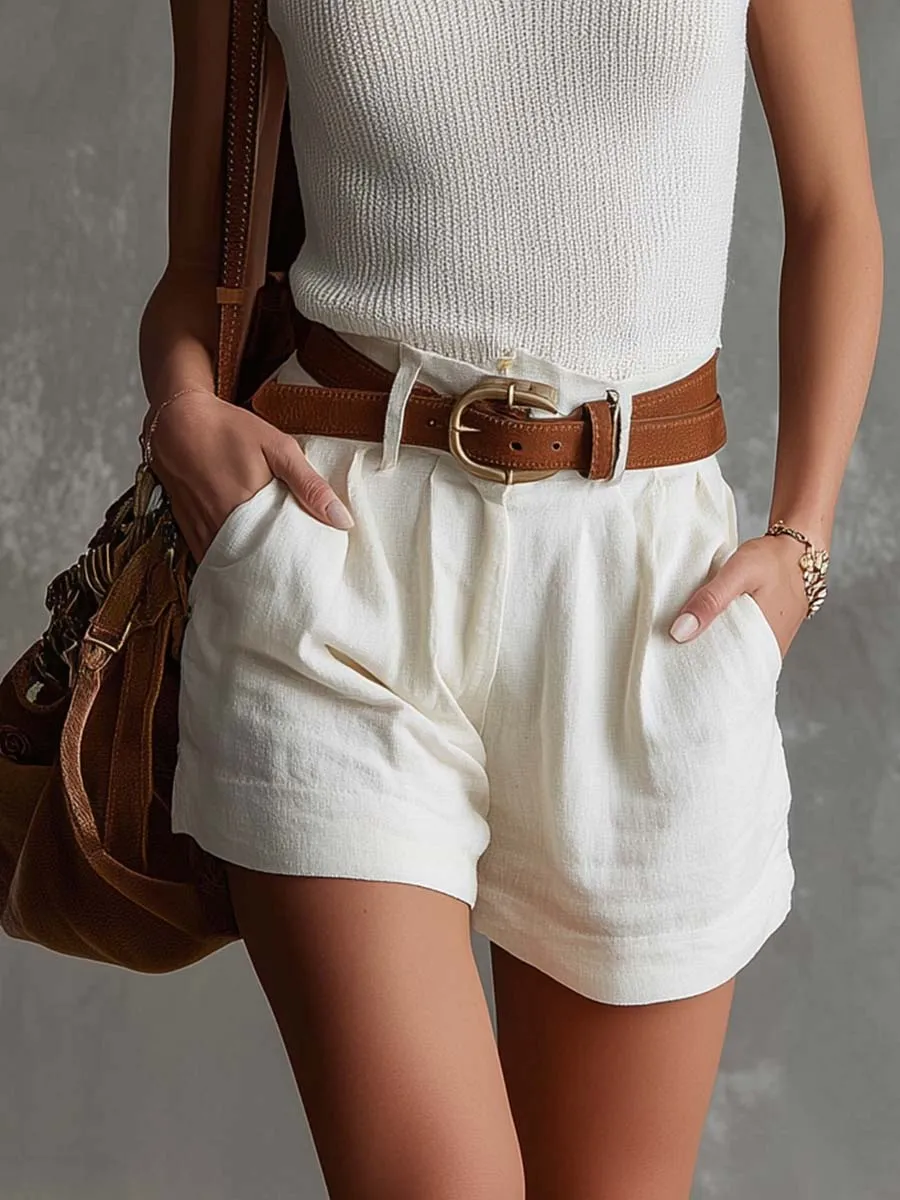 Casual Versatile U-Neck White Knit Top And Cotton-Linen Shorts Set sold by Oyrosy product image thumbnail 4