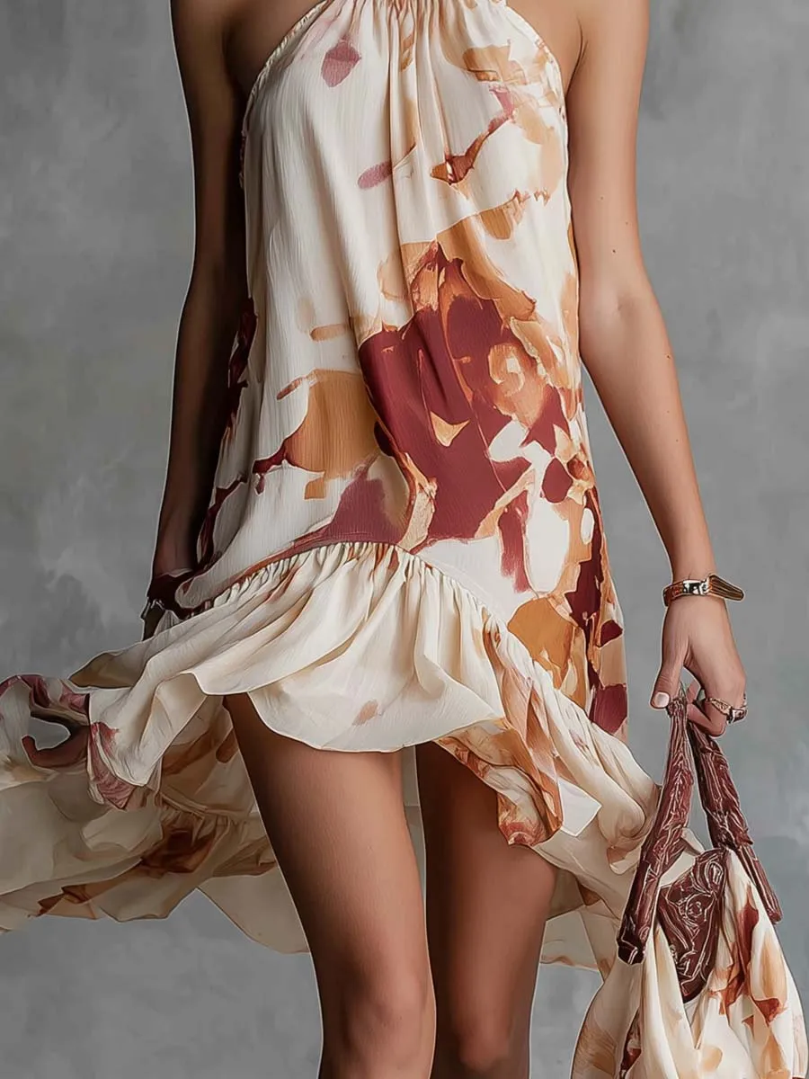 Vintage Bohemian Halter-Neck Ruffled Hem Abstract Print Off-White Chiffon Mini Dress sold by Oyrosy product image thumbnail 4