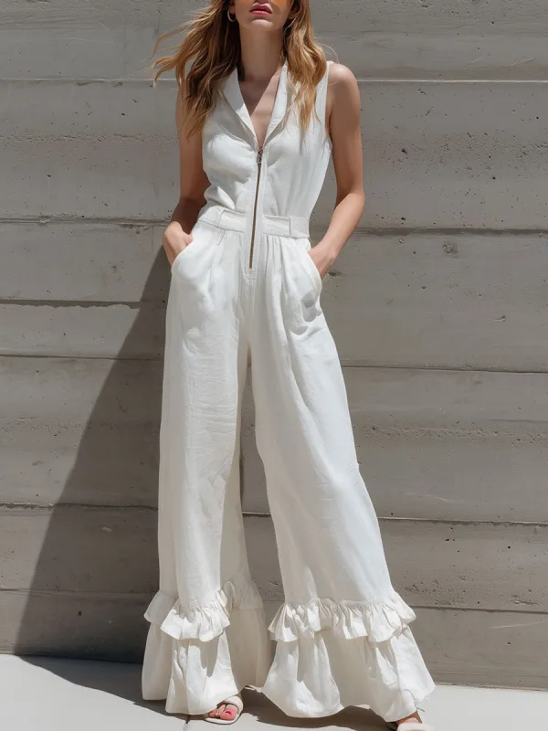 Casual Retro Zipper White Cotton Linen Sleeveless Ruffle Jumpsuit made by Oyrosy