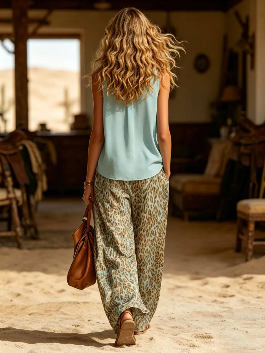 Casual Retro Lake Blue Chiffon Sleeveless Shirt And Leopard Print Wide-Leg Pants Set sold by Oyrosy product image thumbnail 3