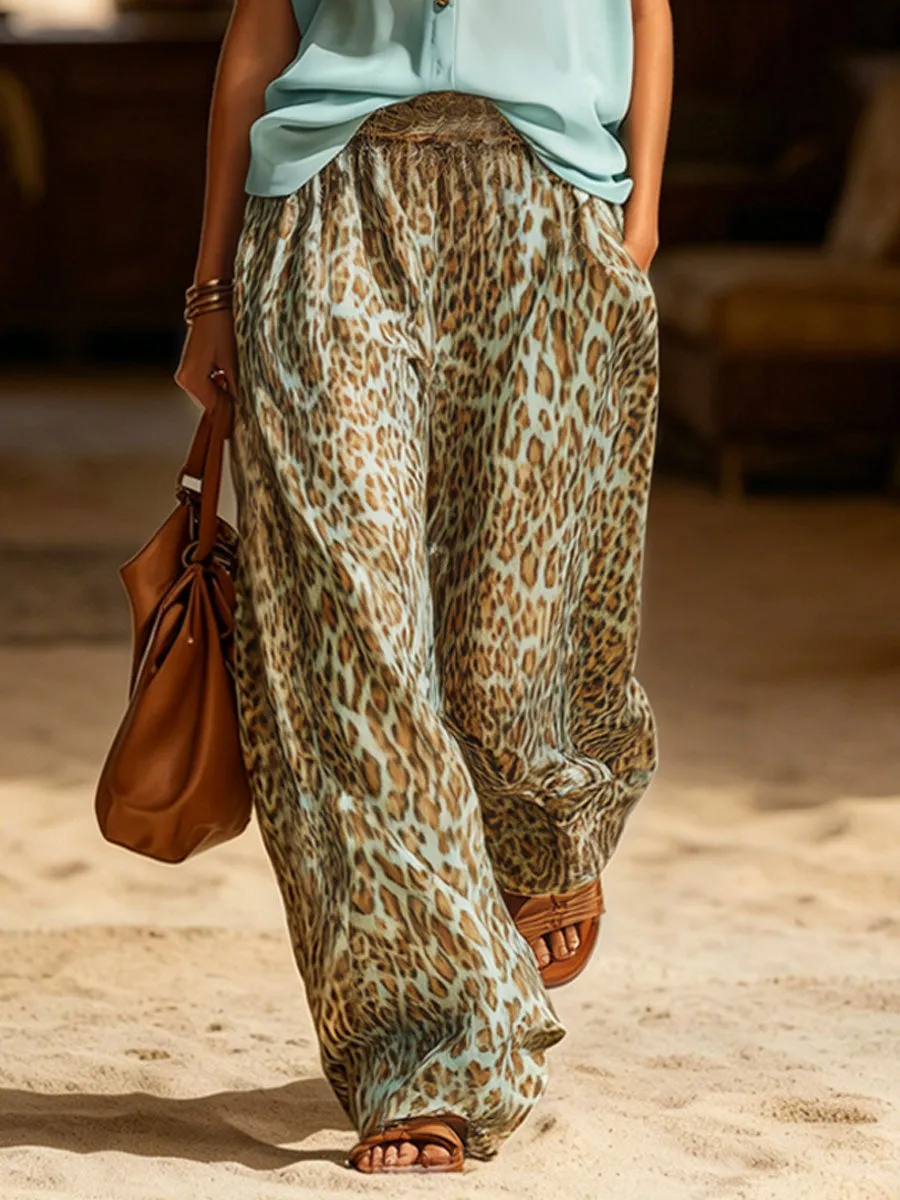 Casual Retro Lake Blue Chiffon Sleeveless Shirt And Leopard Print Wide-Leg Pants Set sold by Oyrosy product image thumbnail 5
