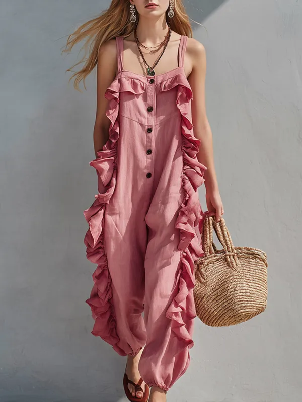 Retro Vacation-Style Pink Ruffled Cotton-Linen Sleeveless Jumpsuit made by Oyrosy
