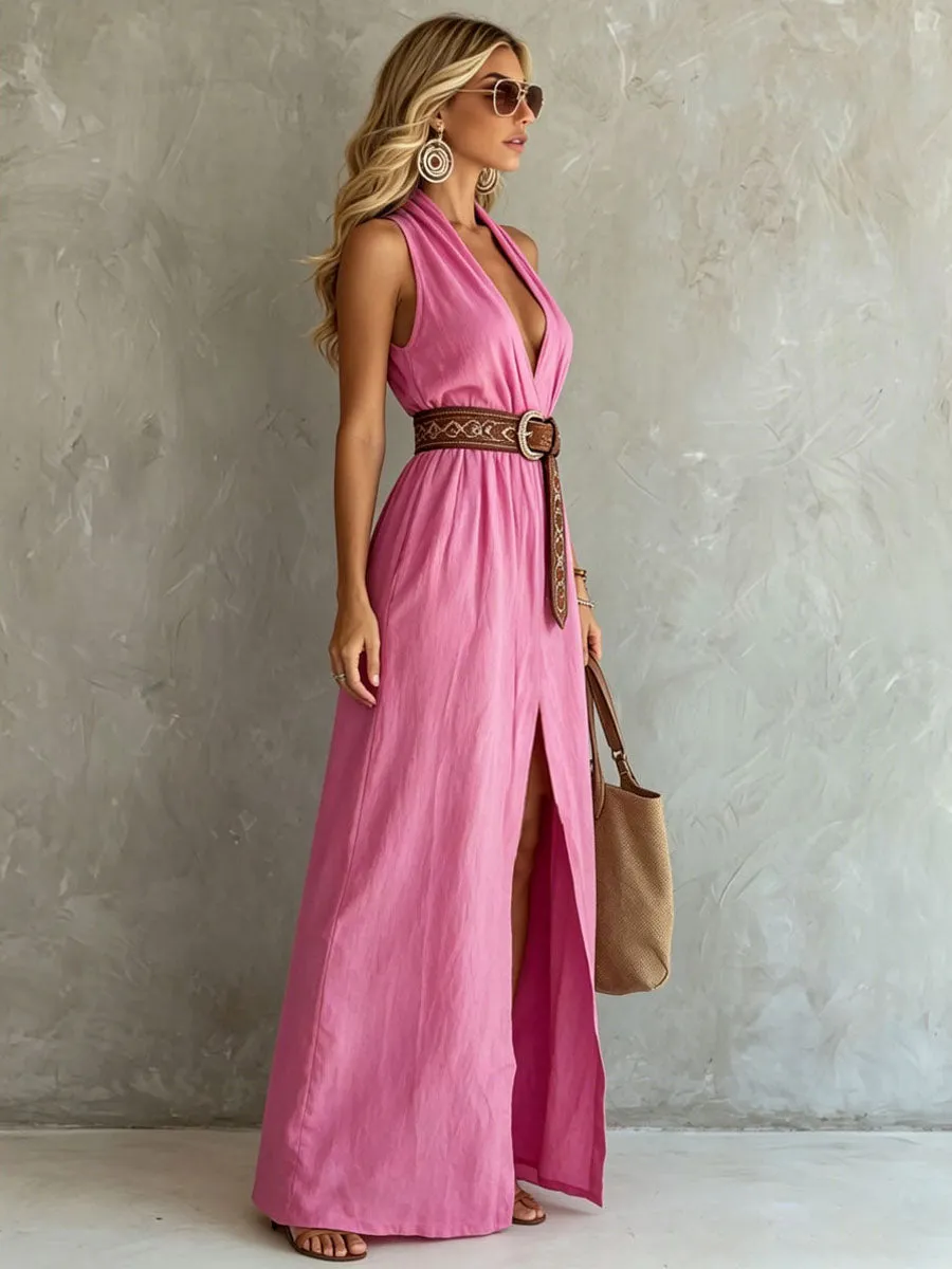V-neck Sleeveless Cotton And Linen Maxi Dress sold by Oyrosy product image thumbnail 2
