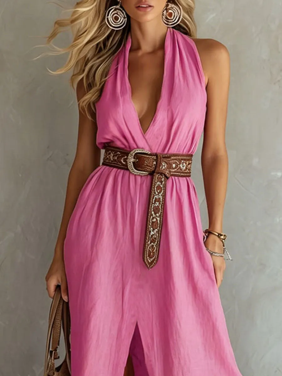V-neck Sleeveless Cotton And Linen Maxi Dress sold by Oyrosy product image thumbnail 4