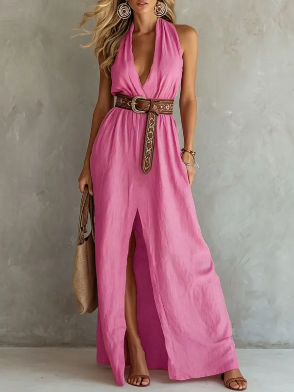 V-neck Sleeveless Cotton And Linen Maxi Dress made by Oyrosy