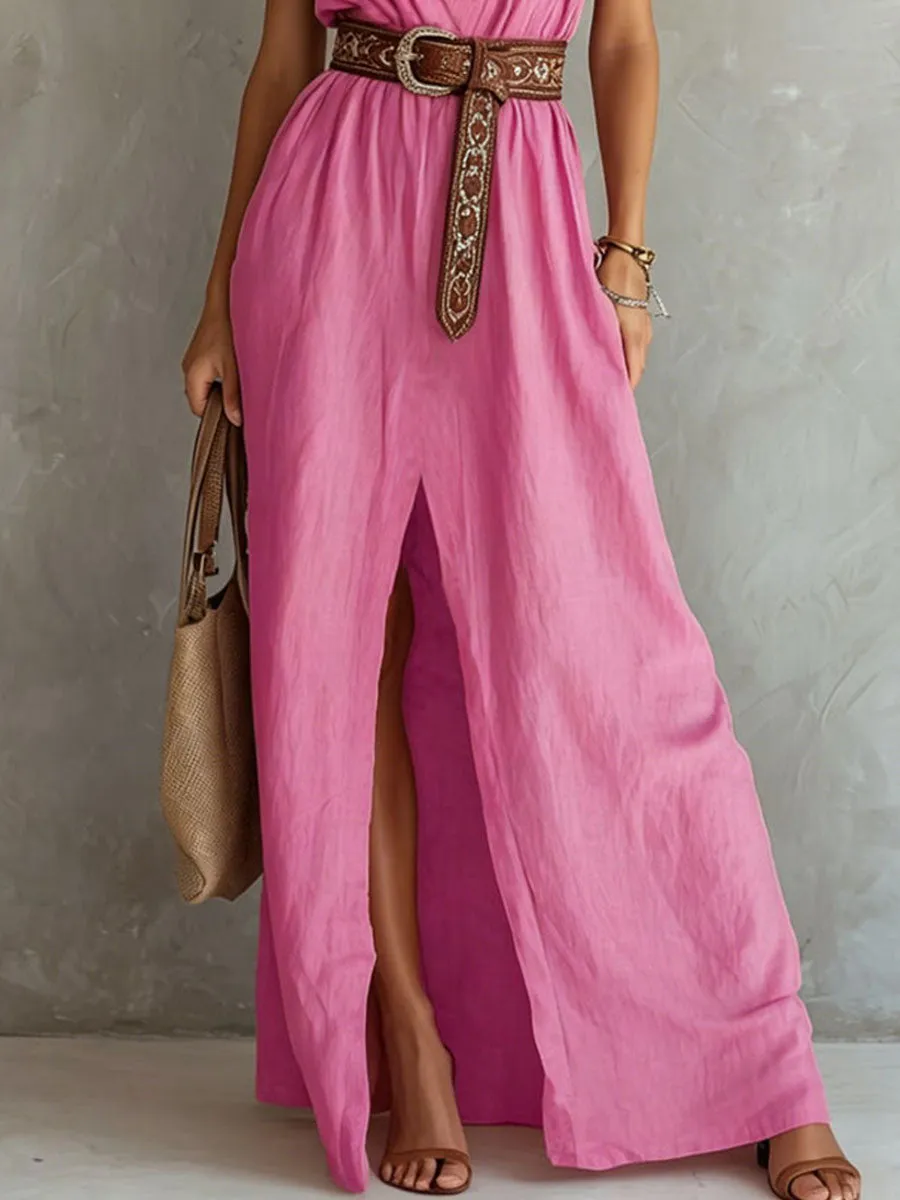 V-neck Sleeveless Cotton And Linen Maxi Dress sold by Oyrosy product image thumbnail 5
