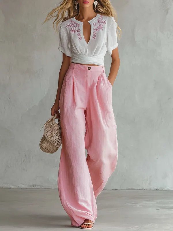 Cotton And Linen Embroidered Short-sleeved Top And Wide-leg Pants Set made by Oyrosy