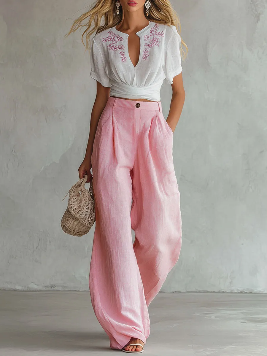 Cotton And Linen Embroidered Short-sleeved Top And Wide-leg Pants Set sold by Oyrosy