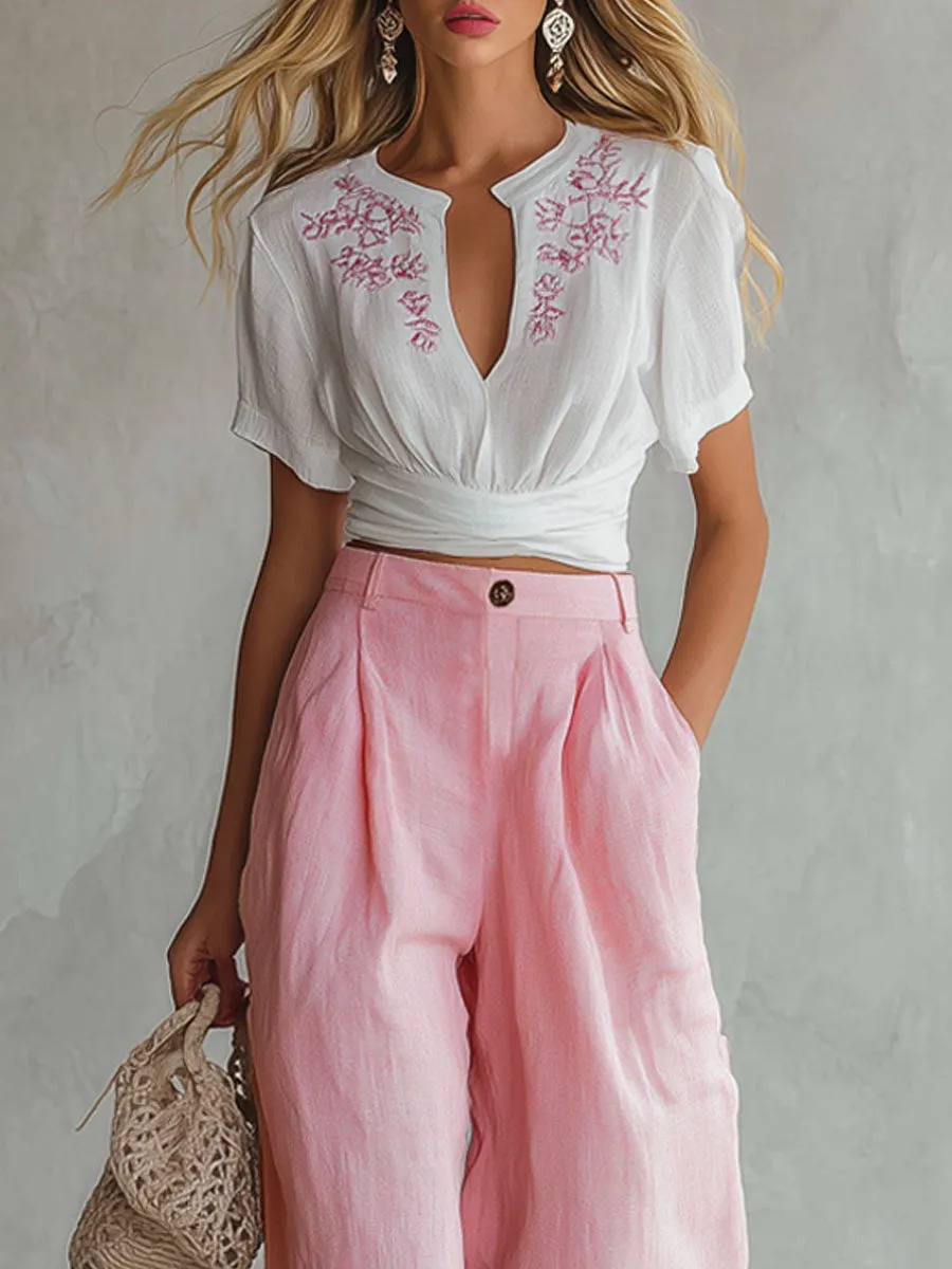 Cotton And Linen Embroidered Short-sleeved Top And Wide-leg Pants Set sold by Oyrosy product image thumbnail 4