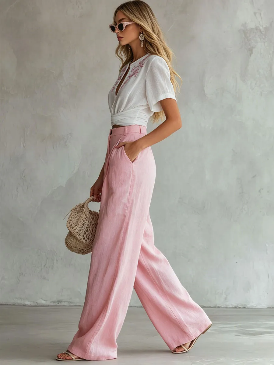 Cotton And Linen Embroidered Short-sleeved Top And Wide-leg Pants Set sold by Oyrosy product image thumbnail 2