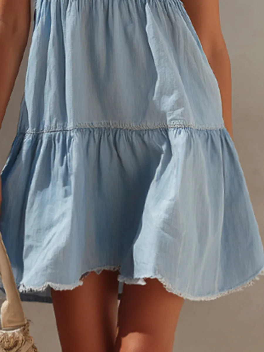 Stylish Summer Light Blue Denim Frayed Hem Sleeveless Mini Dress sold by Oyrosy product image thumbnail 4