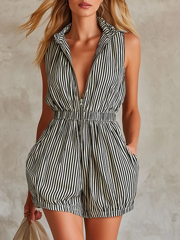 Casual Retro Black And White Striped Sleeveless Half-zip Collared Shorts Jumpsuit made by Oyrosy