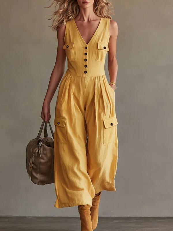Casual Retro Yellow Cotton Linen Sleeveless V-neck Jumpsuit made by Oyrosy