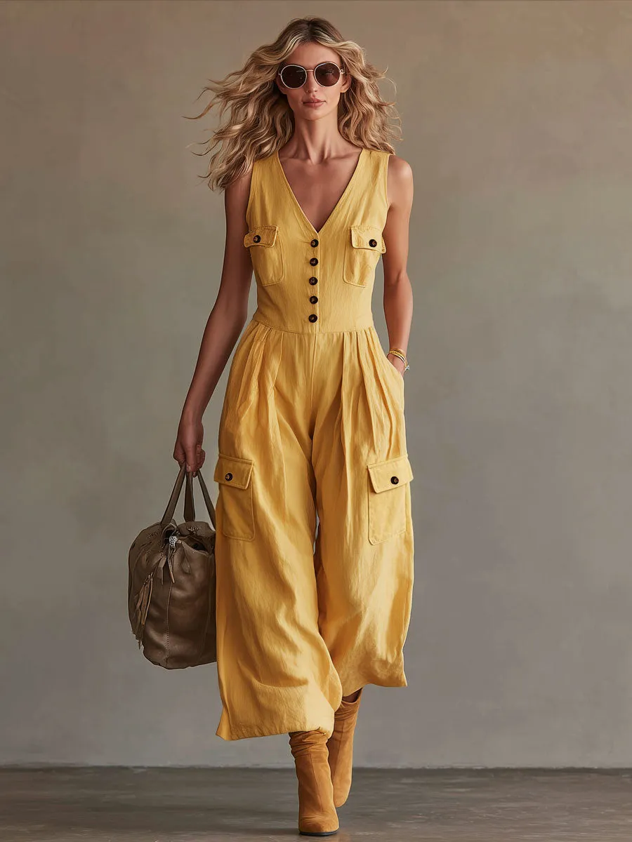 Casual Retro Yellow Cotton Linen Sleeveless V-neck Jumpsuit sold by Oyrosy product image thumbnail 2