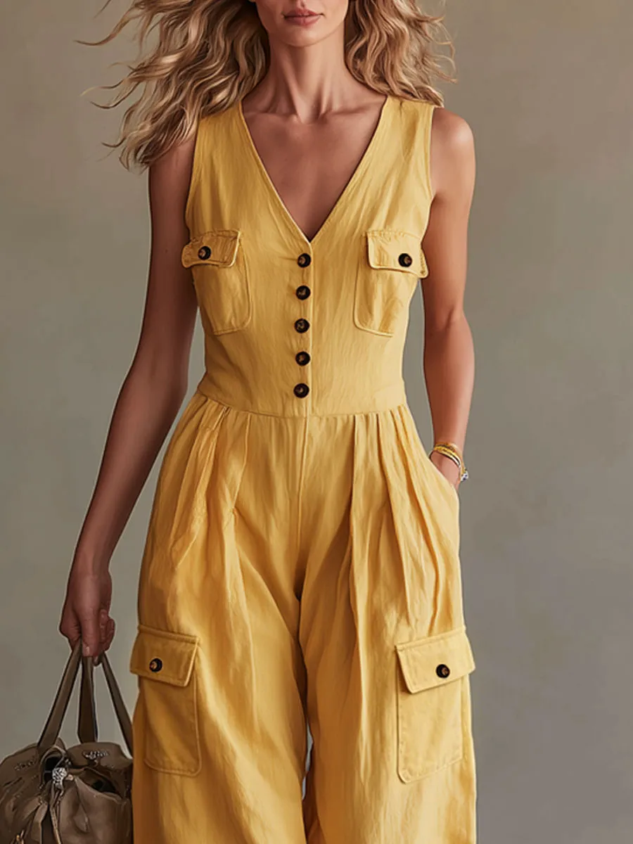 Casual Retro Yellow Cotton Linen Sleeveless V-neck Jumpsuit sold by Oyrosy product image thumbnail 5
