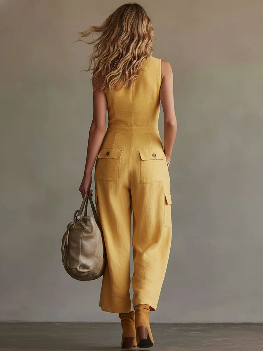 Casual Retro Yellow Cotton Linen Sleeveless V-neck Jumpsuit sold by Oyrosy product image thumbnail 4
