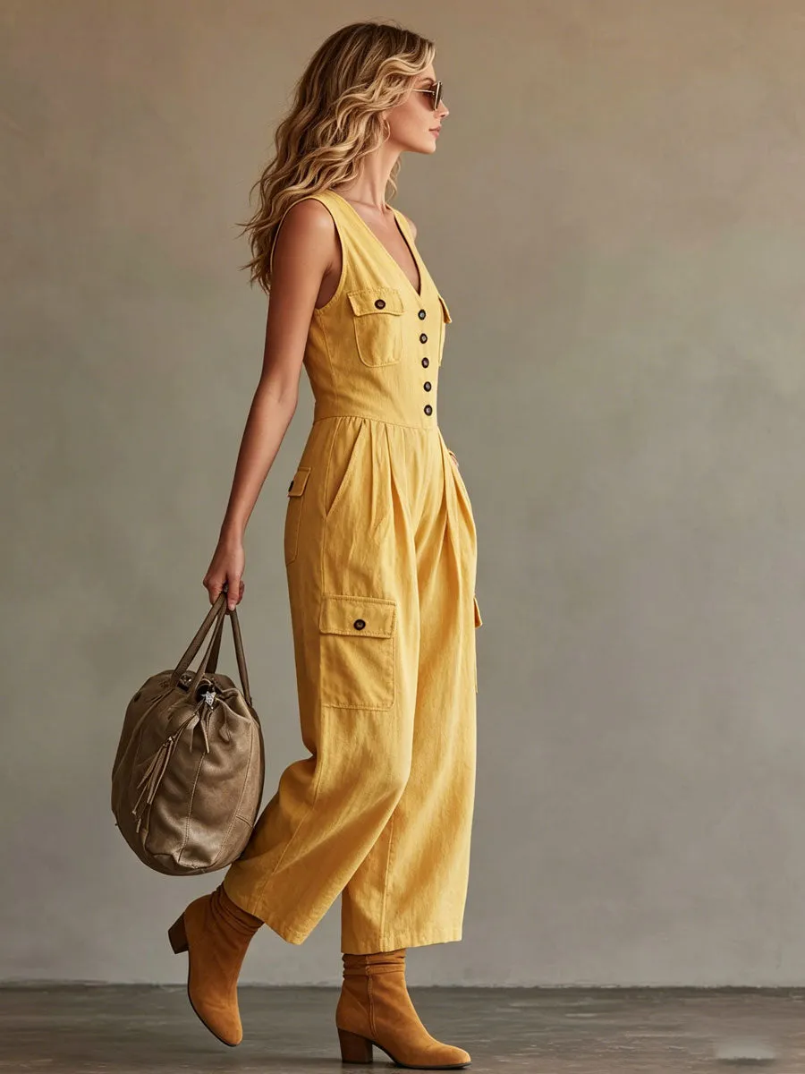 Casual Retro Yellow Cotton Linen Sleeveless V-neck Jumpsuit sold by Oyrosy product image thumbnail 3