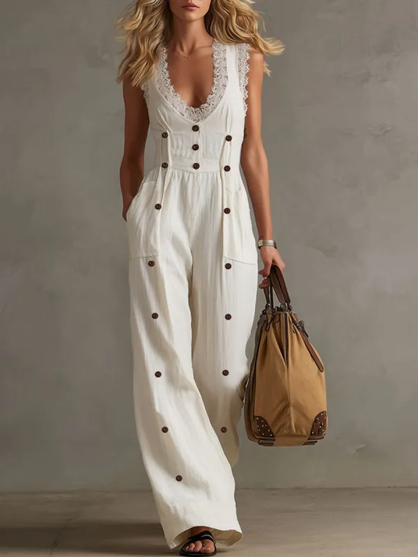 Casual Retro Lace White Cotton Linen Sleeveless Button Jumpsuit made by Oyrosy