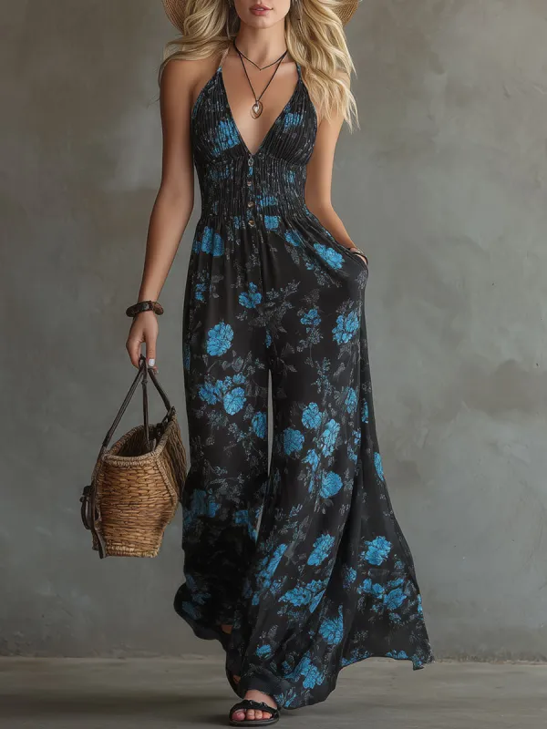 Elegant Retro Floral Print Black Chiffon Sleeveless Jumpsuit made by Oyrosy
