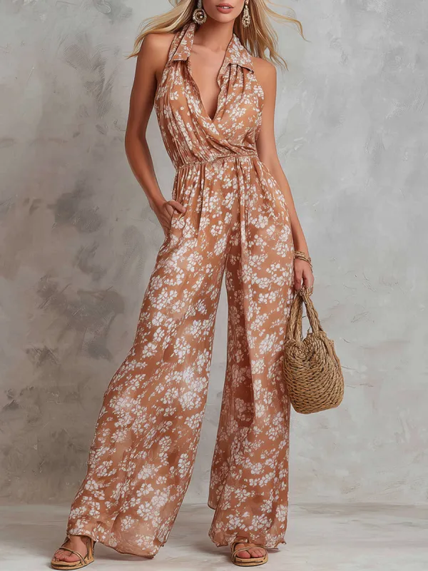 Elegant Terracotta Floral Print Sleeveless Wide-Leg Jumpsuit made by Oyrosy