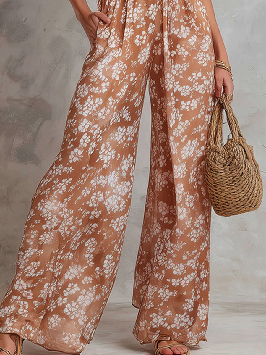 Elegant Terracotta Floral Print Sleeveless Wide-Leg Jumpsuit sold by Oyrosy product image thumbnail 4