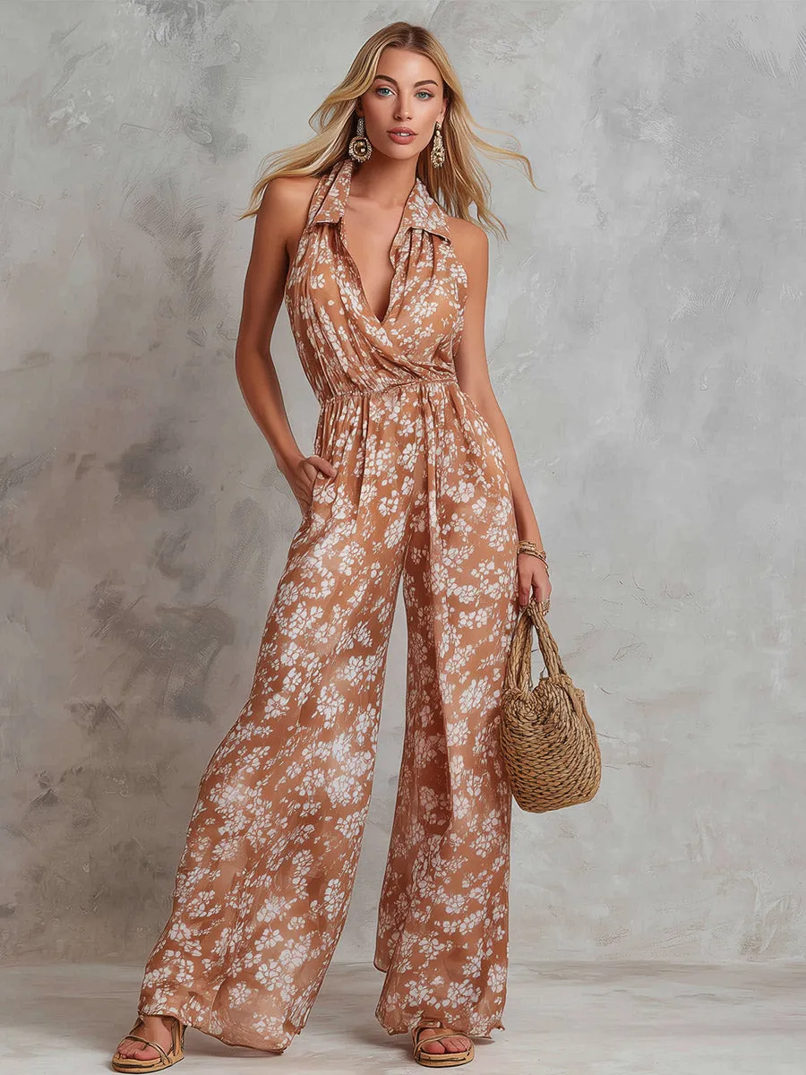 Elegant Terracotta Floral Print Sleeveless Wide-Leg Jumpsuit sold by Oyrosy product image thumbnail 2