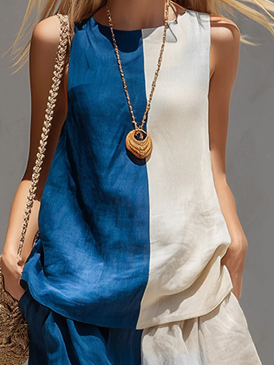 Elegant Urban Color-Block Cotton-Linen Vest & Trousers Set sold by Oyrosy product image thumbnail 4