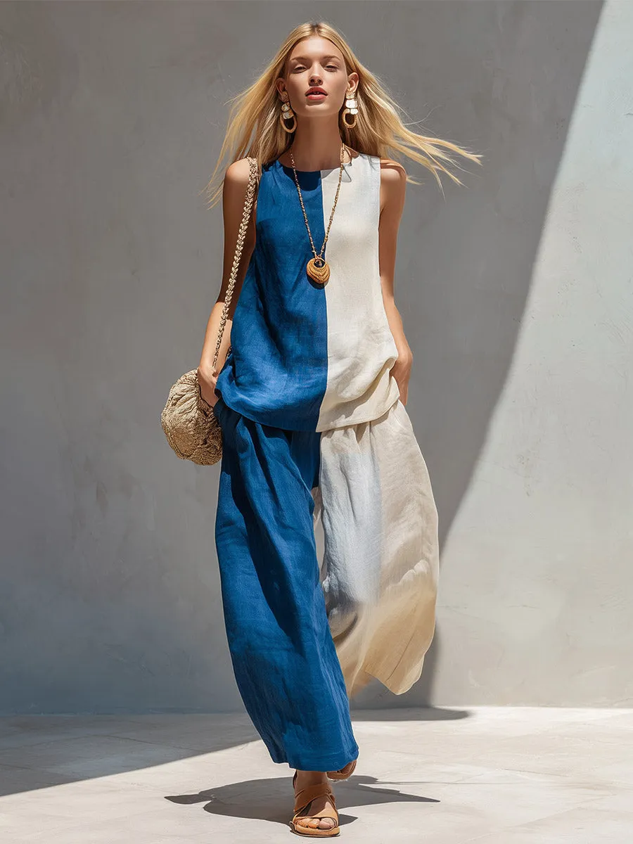 Elegant Urban Color-Block Cotton-Linen Vest & Trousers Set sold by Oyrosy product image thumbnail 2