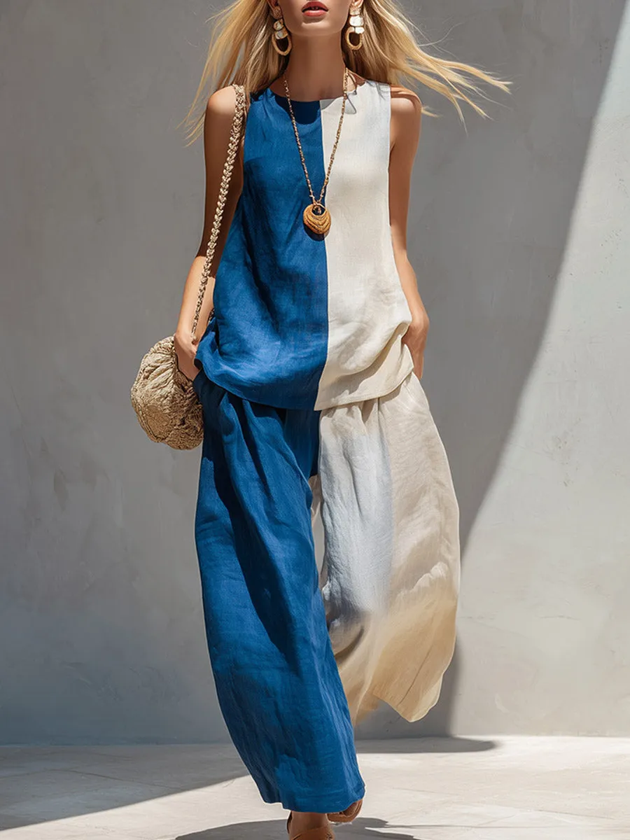 Elegant Urban Color-Block Cotton-Linen Vest & Trousers Set sold by Oyrosy