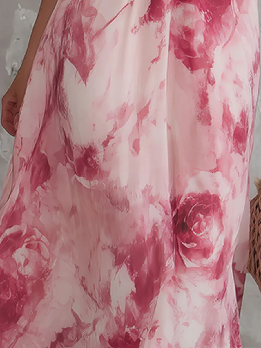 Elegant Retro Pink Rose Print V-neck Sleeveless Chiffon Maxi Dress sold by Oyrosy product image thumbnail 4