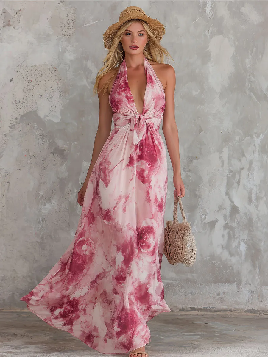 Elegant Retro Pink Rose Print V-neck Sleeveless Chiffon Maxi Dress sold by Oyrosy product image thumbnail 2