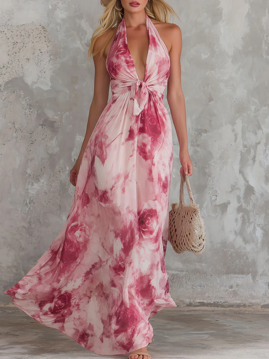Elegant Retro Pink Rose Print V-neck Sleeveless Chiffon Maxi Dress sold by Oyrosy
