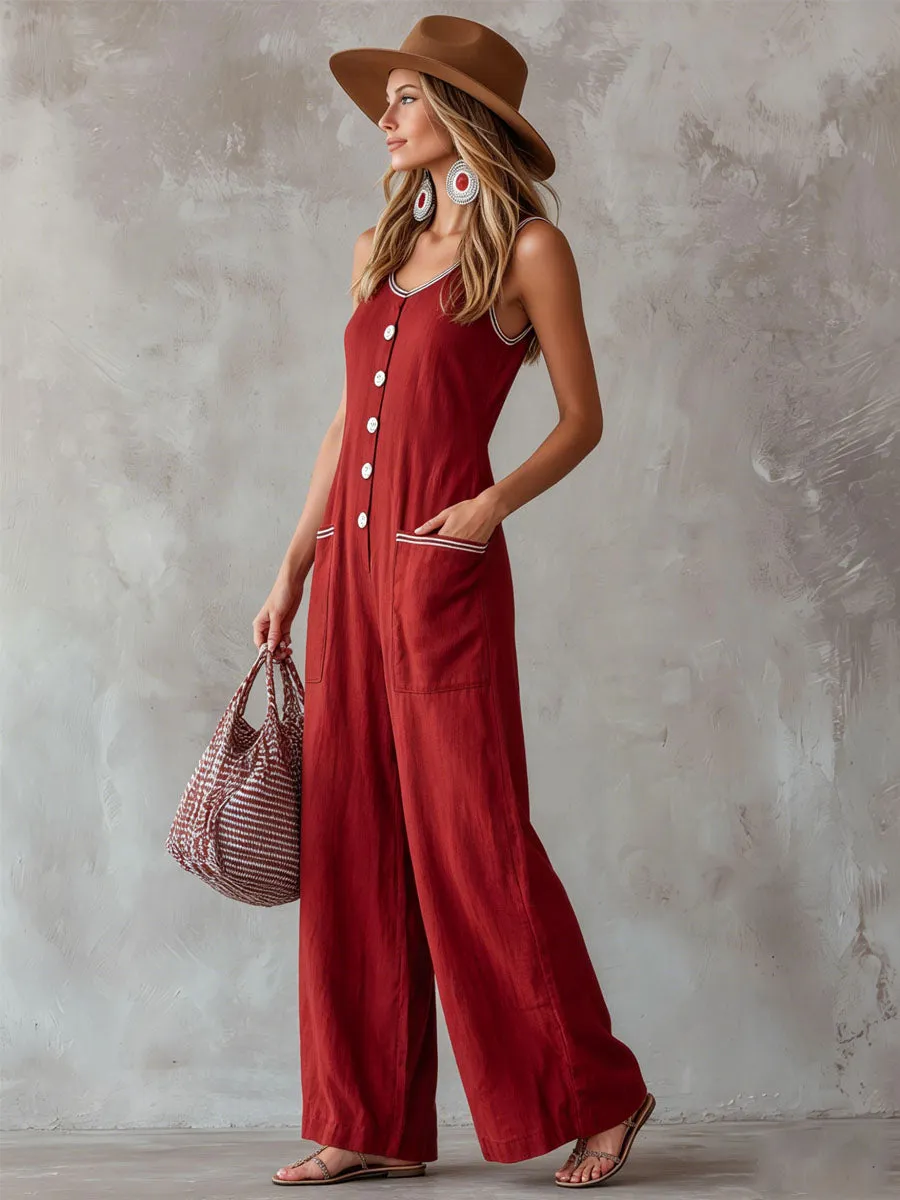 Loose-fitting Cotton And Linen Sleeveless Wide-leg Jumpsuit sold by Oyrosy product image thumbnail 2