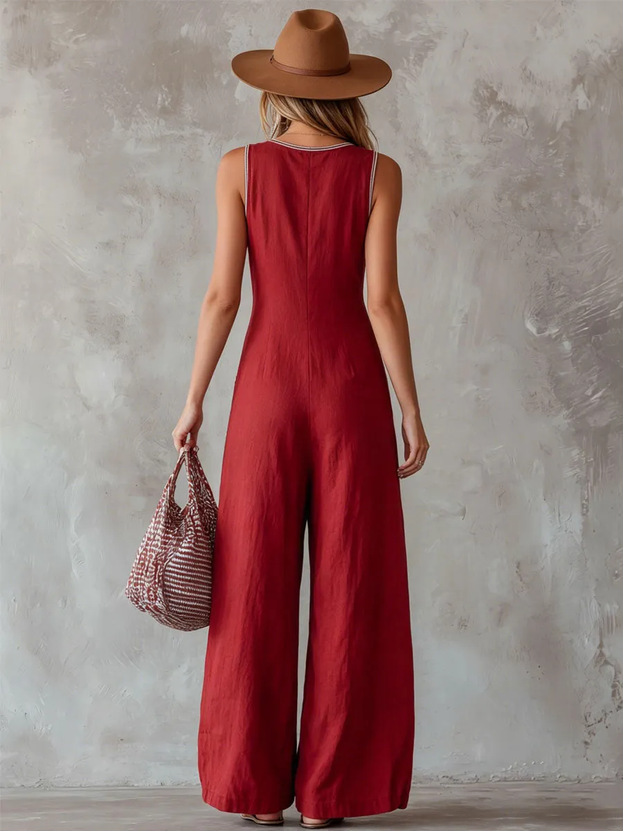 Loose-fitting Cotton And Linen Sleeveless Wide-leg Jumpsuit sold by Oyrosy product image thumbnail 3