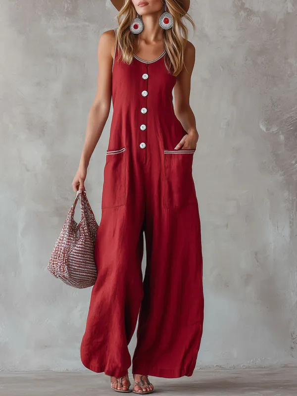 Loose-fitting Cotton And Linen Sleeveless Wide-leg Jumpsuit made by Oyrosy