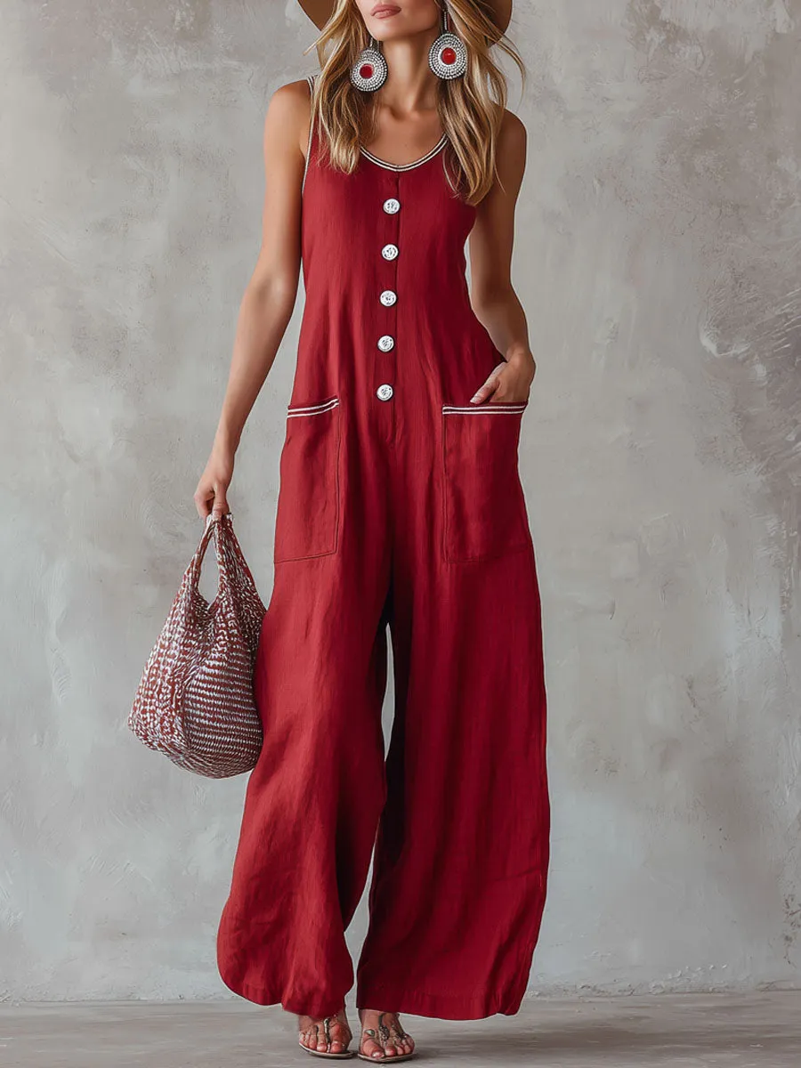 Loose-fitting Cotton And Linen Sleeveless Wide-leg Jumpsuit sold by Oyrosy