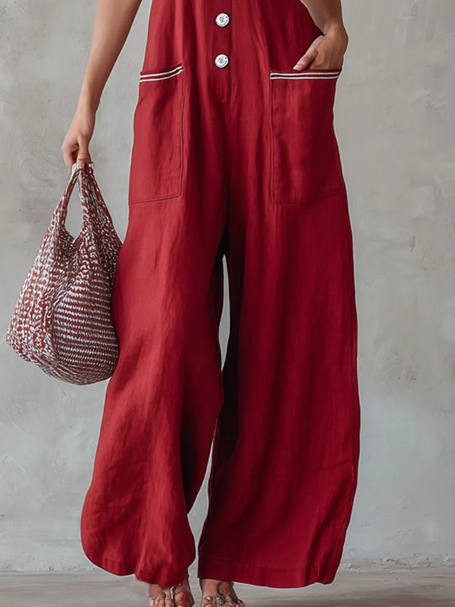 Loose-fitting Cotton And Linen Sleeveless Wide-leg Jumpsuit sold by Oyrosy product image thumbnail 5