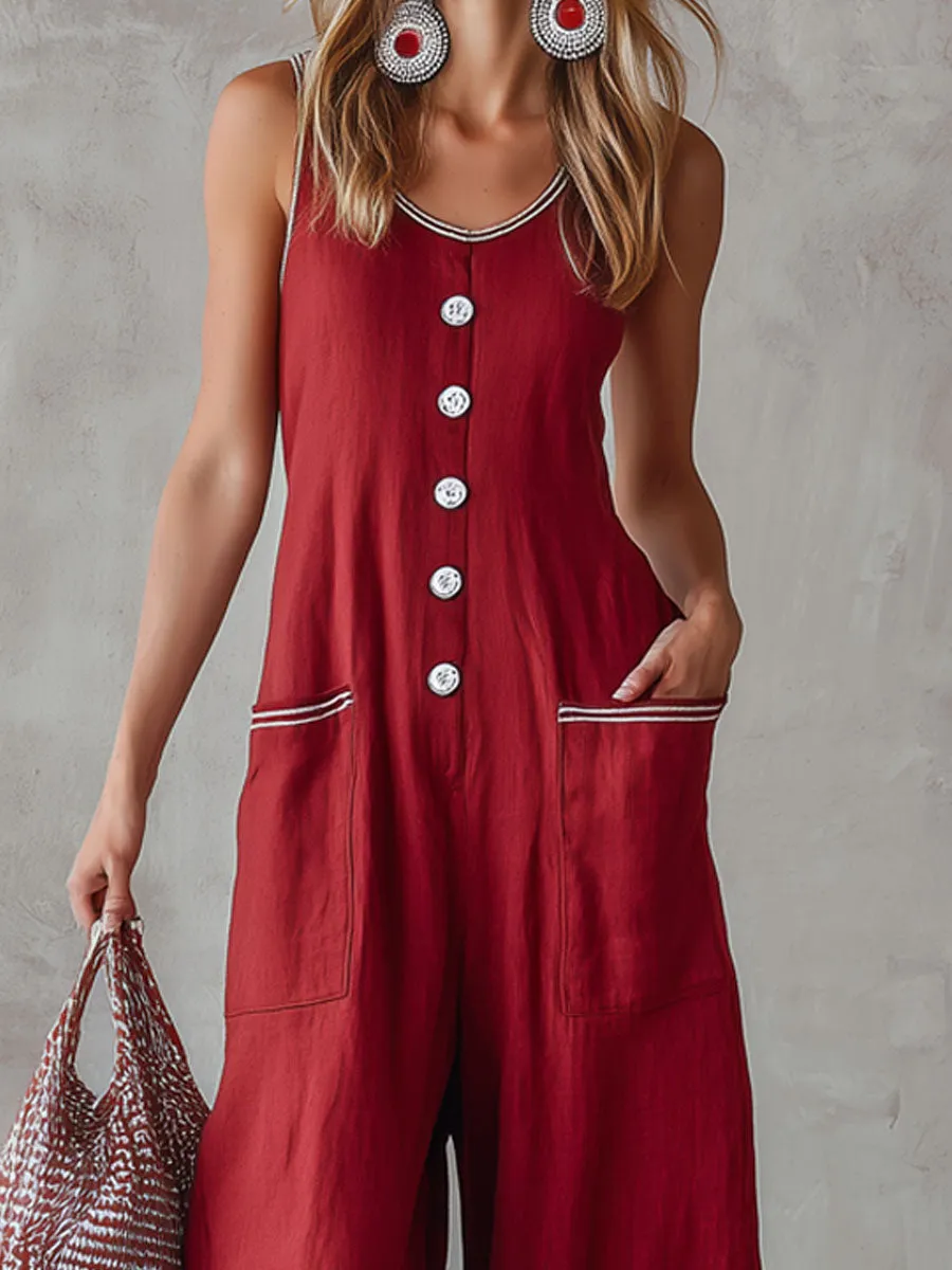 Loose-fitting Cotton And Linen Sleeveless Wide-leg Jumpsuit sold by Oyrosy product image thumbnail 4