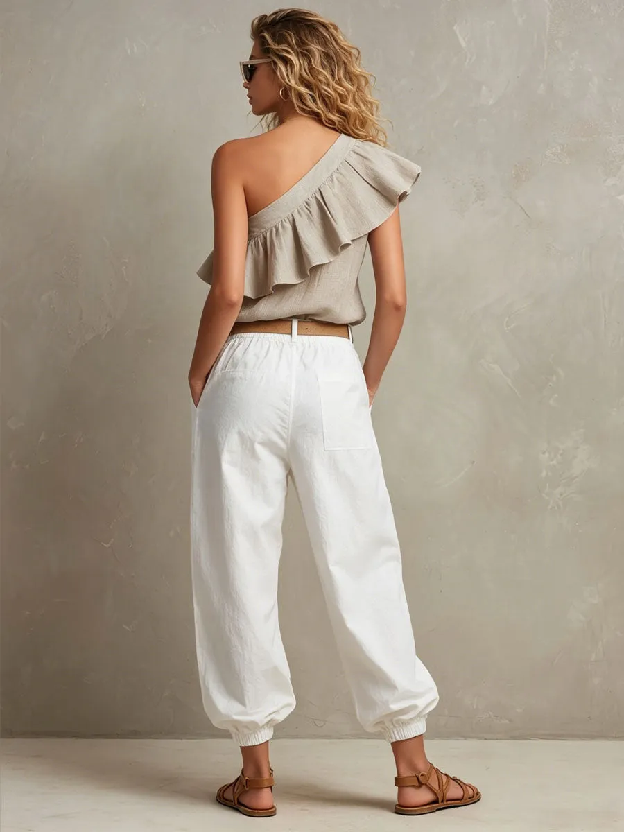 Vacation Retro Ruffled Off-Shoulder Top And White Cotton Linen Balloon Pants Set sold by Oyrosy product image thumbnail 4