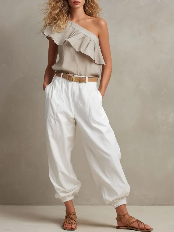 Vacation Retro Ruffled Off-Shoulder Top And White Cotton Linen Balloon Pants Set made by Oyrosy