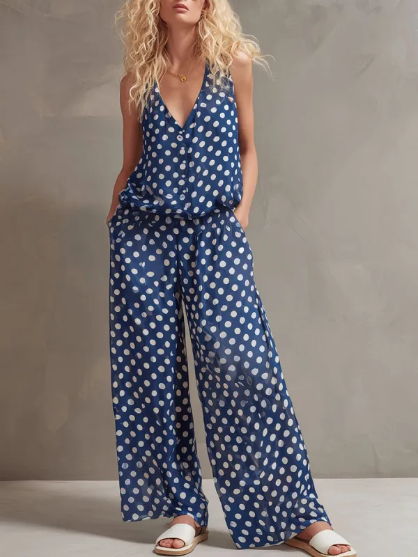 Vacation Retro Polka Dot Blue Chiffon Sleeveless Shirt And Wide-Leg Pants Set made by Oyrosy