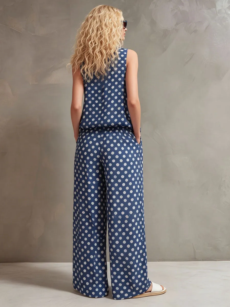 Vacation Retro Polka Dot Blue Chiffon Sleeveless Shirt And Wide-Leg Pants Set sold by Oyrosy product image thumbnail 4