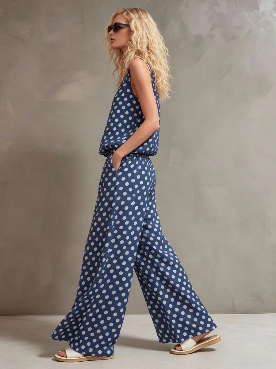 Vacation Retro Polka Dot Blue Chiffon Sleeveless Shirt And Wide-Leg Pants Set sold by Oyrosy product image thumbnail 3