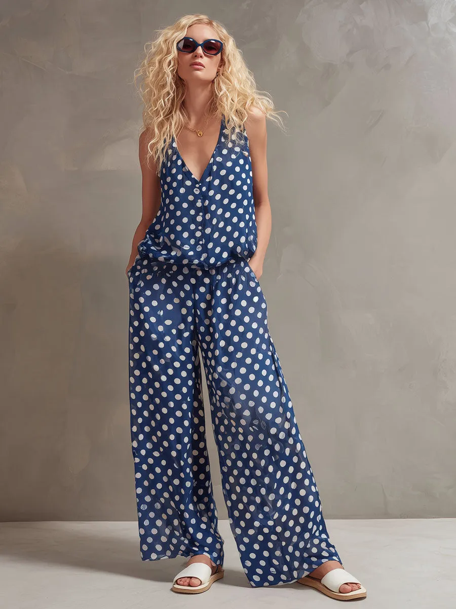 Vacation Retro Polka Dot Blue Chiffon Sleeveless Shirt And Wide-Leg Pants Set sold by Oyrosy product image thumbnail 2