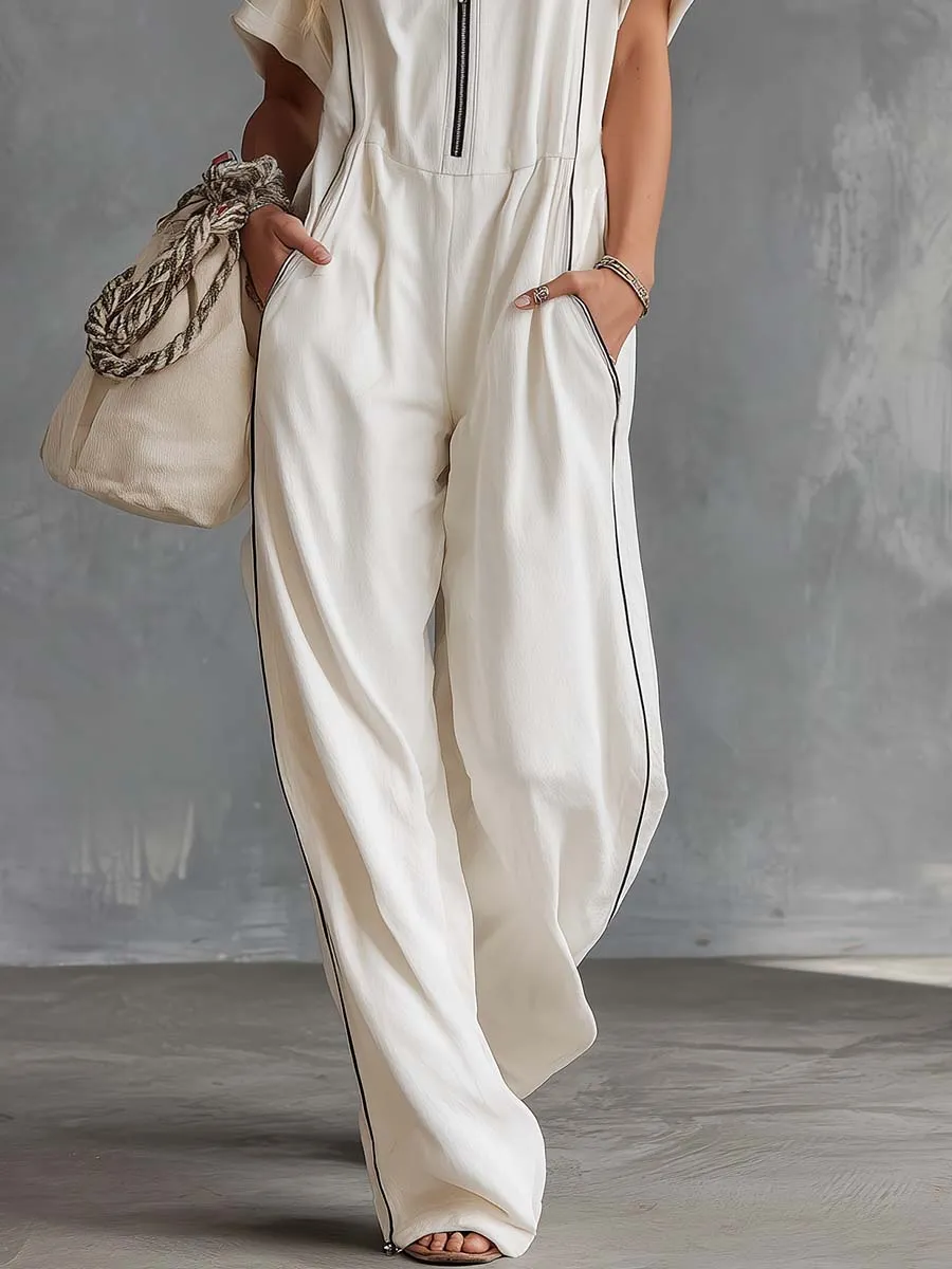 Casual Retro Athletic Hoodie V-Neck Front Zip White Cotton Jumpsuit sold by Oyrosy product image thumbnail 4